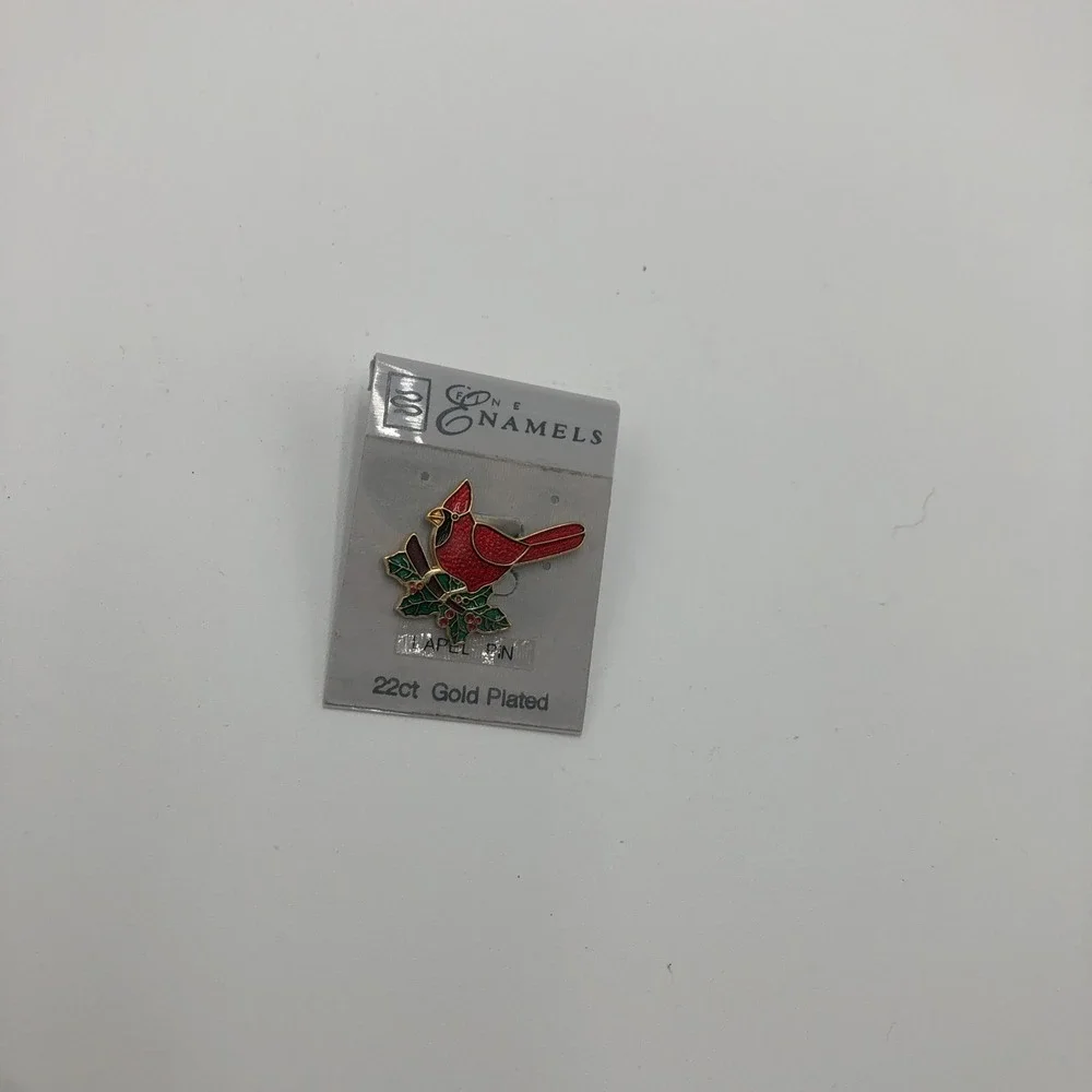 Cardinal Lapel Pin 22k Gold Plated New Enamels Red Bird Green Leaves‎